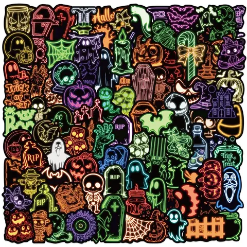 100pcs Cartoon Neon Halloween Stickers, Includes Sticker, Skull Decal, Graphic Decal, Side Decals, Suitable for Scrapbooks, Diaries, Laptops, Water Bottles, Cars and Other Faith-based Designs, Gifts with Positive Messages, Premium Skull Stickers