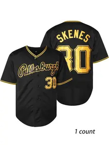 Men's Pittsburgh Embroidered Breathable Baseball Jersey, Casual Loose Fit V-Neck Sports Shirt for All Seasons, Stylish Jersey