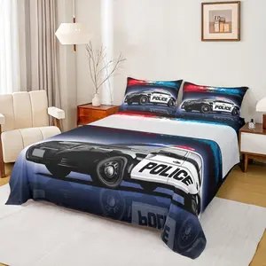 Boys Police Car Bed Sheet Set,Kids Children Policeman Vehicle Bedding Set,Red Blue Cop Lights Sheet Set,Geometric Graphic Deep Pocket Fitted Sheet+ Flat Sheet