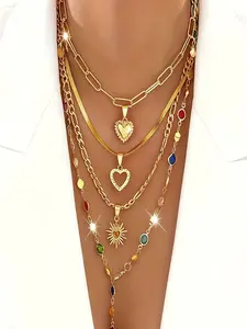 4pc Elegant Retro Bohemian Style Women's Imitation Pearl Love Pendant Tassel Y-Shaped Necklace Set, Layered Necklaces, Perfect for Daily Wear & Special Occasions