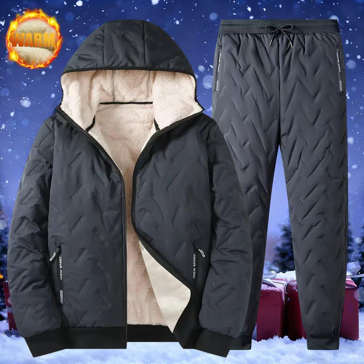 Men's Solid Color Zipper Warm Jacket and Drawstring Waist Pants Two-Piece Set, Regular Casual Long Sleeve Hooded Jacket with Pocket and Pants, Suitable for Autumn and Winter Seasons, Men's Daily Wear thick comfort