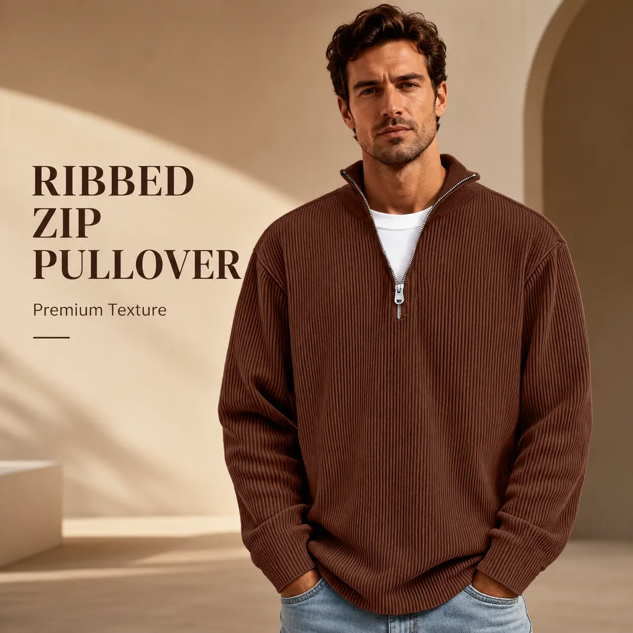 Men’s Corduroy Quarter-Zip Long Sleeve Polo Shirt - Ribbed Textured Mock Neck, Relaxed Fit Layering Menswear Top, Casual Plain Style for Fall-Winter Outfits, Jeans-Chinos Compatible All-Seasons T-Shirt