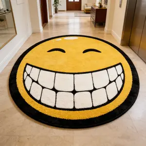 Laughing expression, circular carpet, Living room rug, yellow black and white contrasting color, plush floor mat, entrance hall, living room, anti slip and wear-resistant foot mat, decorative mat suitable for ins style home de