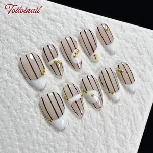 Mocha Gilded Handmade Press-On Nails | Short Almond Shape, 10pcs | Nude Mocha Striped French Tip with Gold Beads | Minimalist Elegant Aesthetic | For Daily, Office, Date, Party, Vacation, OOTD | High Gloss, Reusable Handmade DIY Nail Art