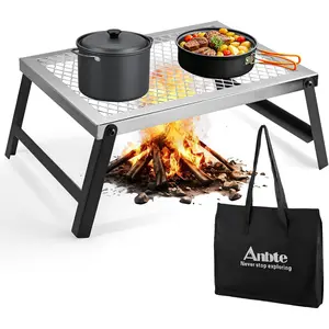 Anbte 16" x 12" Folding Campfire Grill, Heavy Duty Steel Mesh Grate Chrome Finish with Folding Legs, Portable Campfire Cooking Equipment for Camping Outdoor BBQ Cooking Open Fire Backyard, Silver