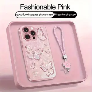 Gold-Plated Butterfly Colorful Metallic Paint Glass Phone Case with Lanyard, Suitable for iPhone 16/16 Plus/16 Pro/16 Pro Max/15/15 Plus/15 Pro/15 Pro Max/14/14 Plus/14 Pro/14 Pro Max/13/13 Pro/13 Pro Max/13 Mini/12/12 Pro/12 mini/11/11 Pro Max/X/XS/XR/XS