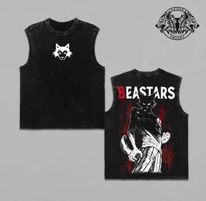Beastars Legoshi Graphic Oversized T-Shirt & Sleeveless Gym Tank Top, Streetwear Anime Apparel, Harajuku Aesthetic Men Women Pump Cover, Acid Wash Wolf Tee
