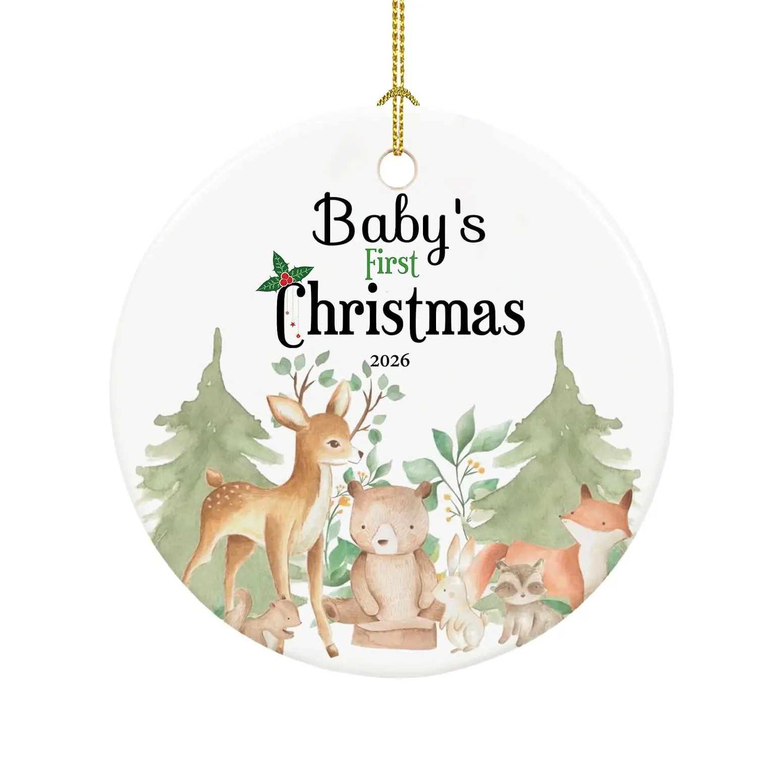 Baby’s First Christmas 2026 Ceramic Ornament, Round Woodland Animal Christmas Tree Decoration, New Baby Keepsake Gift
