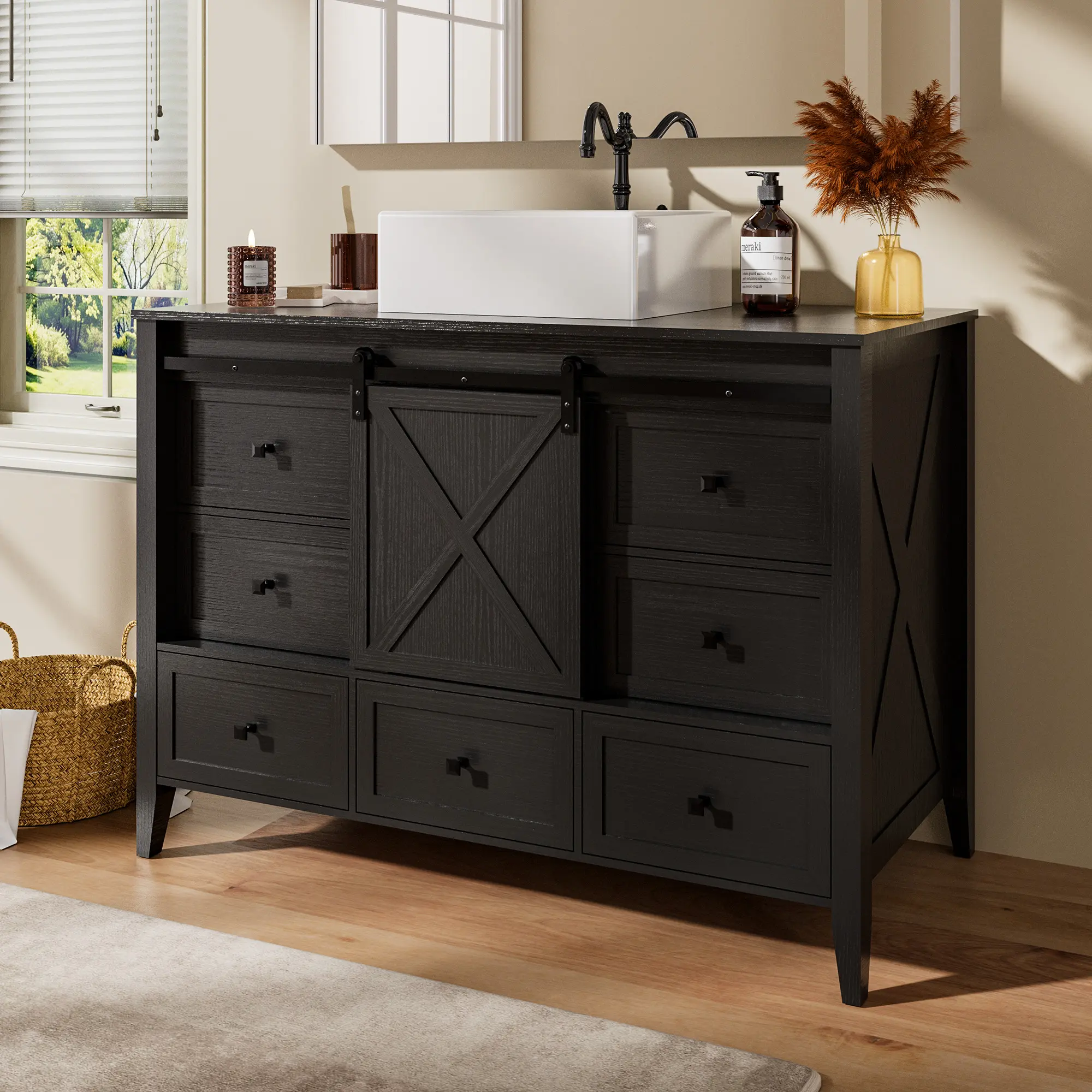 Bathroom Vanity with Sink - 48 Inch Bathroom Vanity with Sink Ceramic, Freestanding Cabinet with Farmhouse Sliding Barn Door and 7 Drawers, Space-Saving Storage Cabinet, Wood Grain Texture, Black