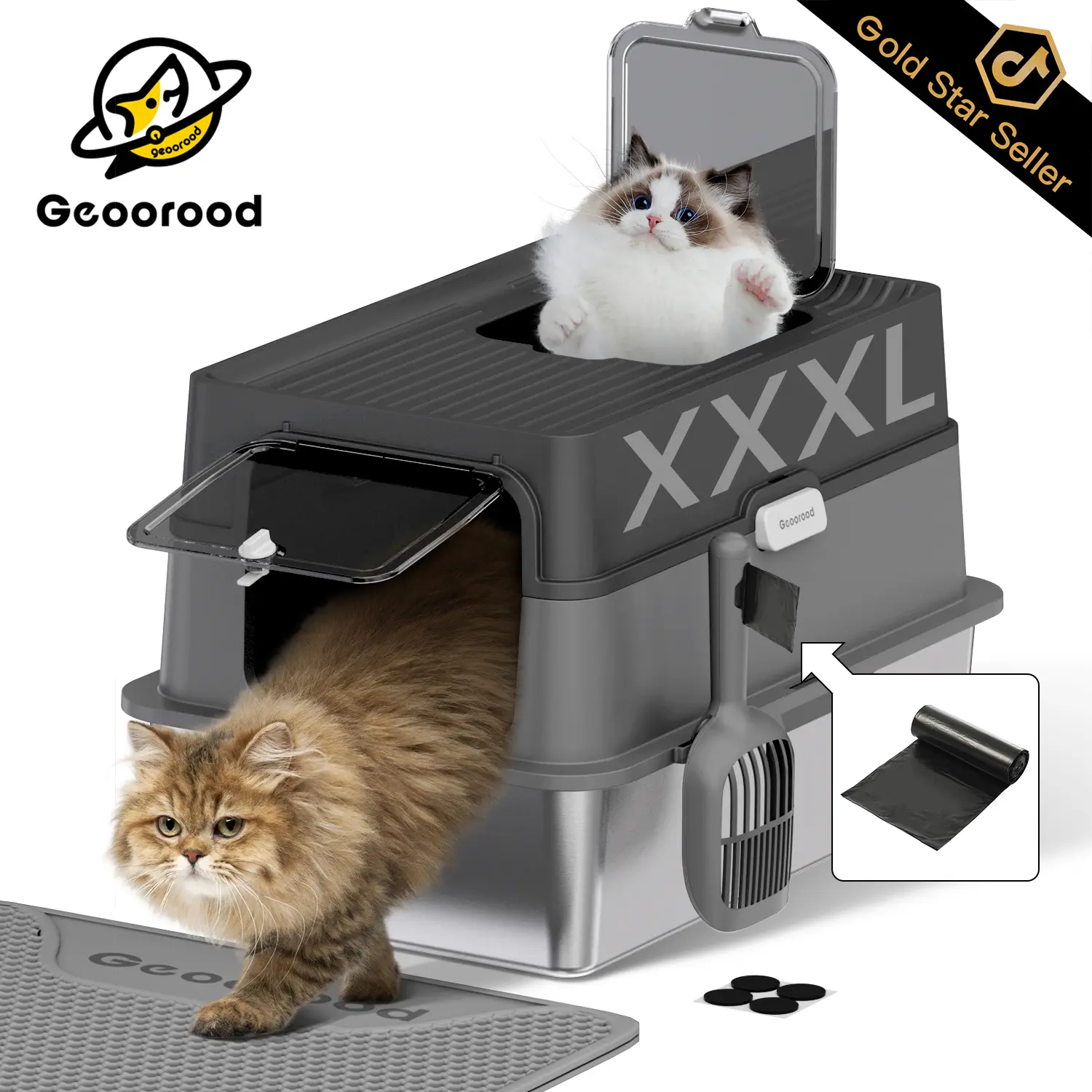 【Geoorood】Stainless Steel Cat Litter Box with Lid, XL Extra Large Litter Box for Big Cats, Enclosed Removable Metal Litter Boxs with High Sided Enclosure & Scoop, Anti-Leakage, Non-Sticky, Easy Cleaning#backtoschool