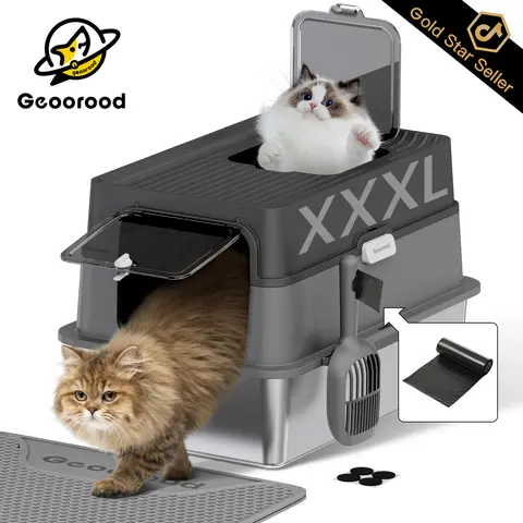 【Geoorood】Stainless Steel Fully-Enclosed XL Litter Box for Big Cats, 49L 3-Layer Removable High-Sided Tray with Fine Mesh Scoop, Anti-Leakage, Non-Sticky, Easy-Cleaning, Odor Control, 45-Day Litter Compatibility, ABS Components, Quick Assembly