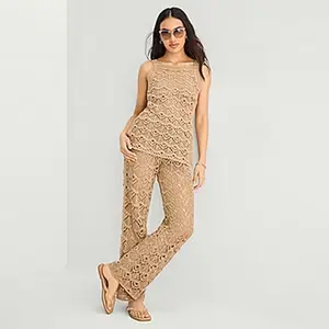 Women's 2-Piece Crochet Set | Intricate 100% Cotton Square Neck Tank Top & Matching Crochet Pants | Boho Summer Vacation Co-ord