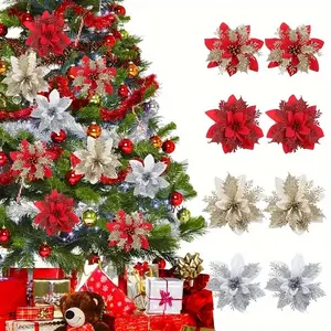 20 pieces, 5.9-inch poinsettia double-layer pink border Christmas flower, artificial artificial flower Christmas simulation flower, wreath accessory, sparkling Christmas tree decoration, Christmas wedding festival party wreath decoration