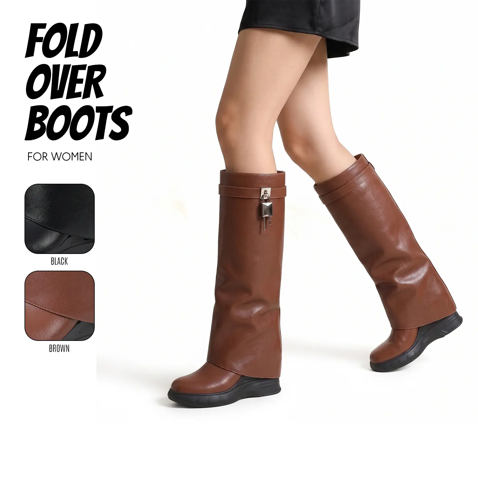 Fold Over Knee High Boots For Women Round Toe Chunky Wedge Heel Padlock Boot Style Side Zipper Fashion Slouchy Boot Warm Cozy Comfy Easy Pull On Gift Date Party Work Casual Dressy Trendy Tall Boots
