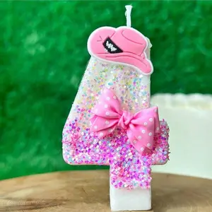 1 pcs birthday number candle, pink bow hat, birthday candle cake, sequin candle cake decoration, suitable for girls and ladies' anniversary celebration items