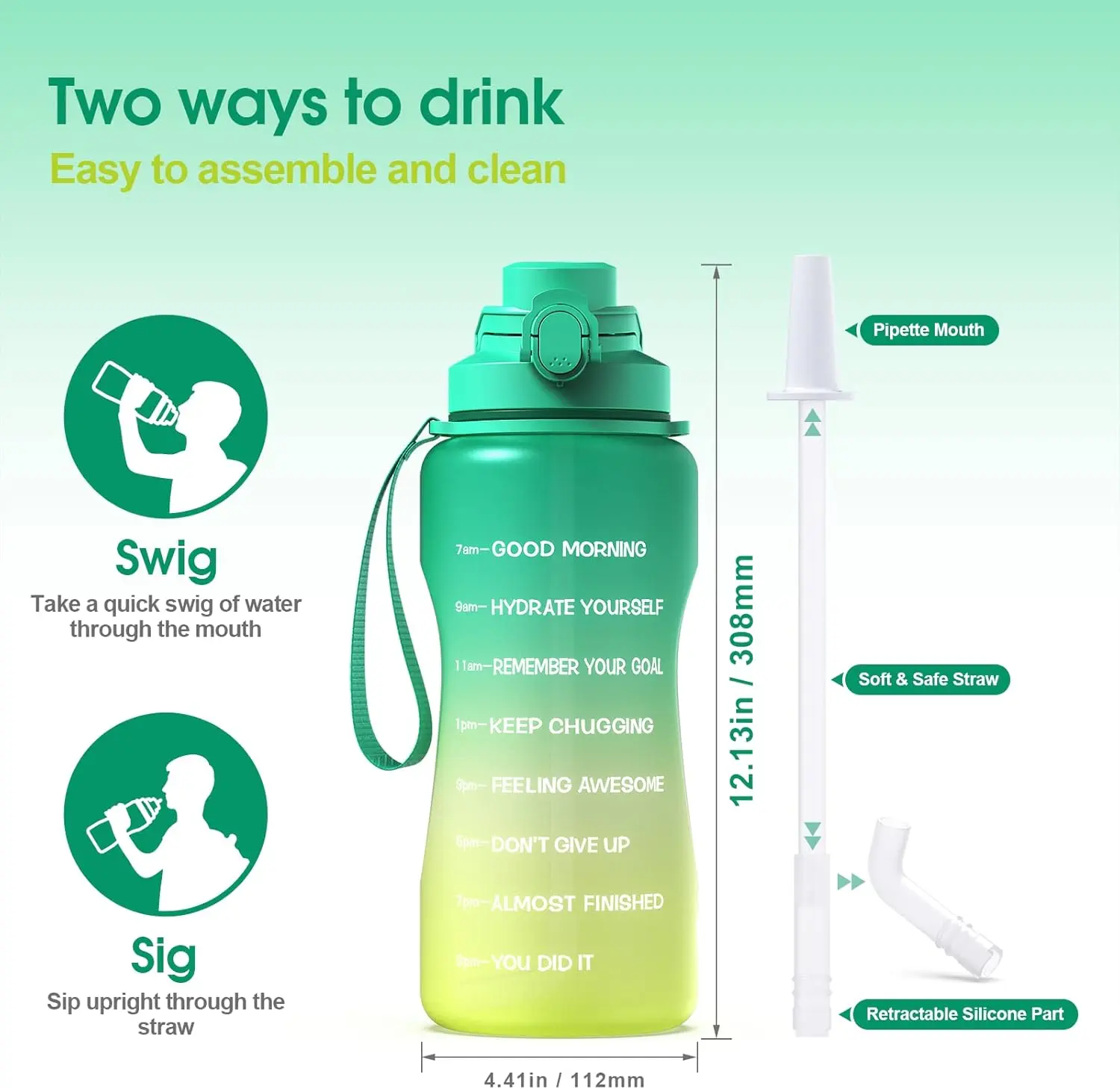 64oz Half Gallon Water Bottle with Straw & Time Marker, Motivational Water Bottle with Handle, Leakproof, Tritan BPA Free Water Jug, for Fitness, Gym, Outdoor (Green/Yellow Gradient, 64oz) Drink Drinkware