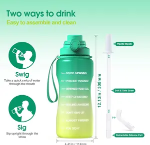 64oz Half Gallon Water Bottle with Straw & Time Marker, Motivational Water Bottle with Handle, Leakproof, Tritan BPA Free Water Jug, for Fitness, Gym, Outdoor (Green/Yellow Gradient, 64oz) Drink Drinkware