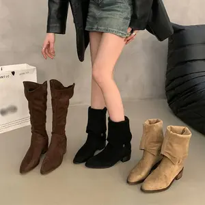 Matte Two-Wear Stacked Boots 2024 Autumn/Winter New Outdoor Western Cowboy Boots V-Neck Long Tube Black Riding Boots, Women Shoes
