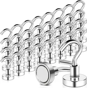 MAGXCENE 32 Pack Magnetic Hooks Heavy Duty, 25 Lbs Strong Magnet Hooks for Cruise Refrigerator, Neodymium Magnets with Hooks for Grill Hanging Kitchen Tool Storage