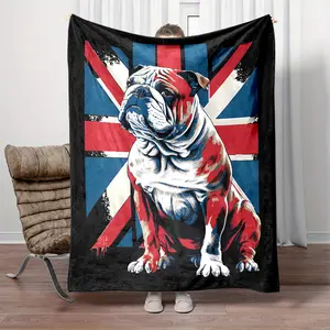 Cartoon Bulldog Print Flannel Blanket - Contemporary Style, All Year Round, Digital Print, Lightweight, Perfect For Office, Car, Sofa, Outdoor Use - Ideal Gift For Family And Friends