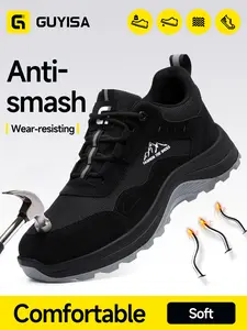 Guyisa New Work Safety Shoes, Low Top All-Season, Anti-Puncture Steel Toe, Kevlar Sole, Oil Resistant, Durable, Fashion Style, Footwear, Black, Working Shoes