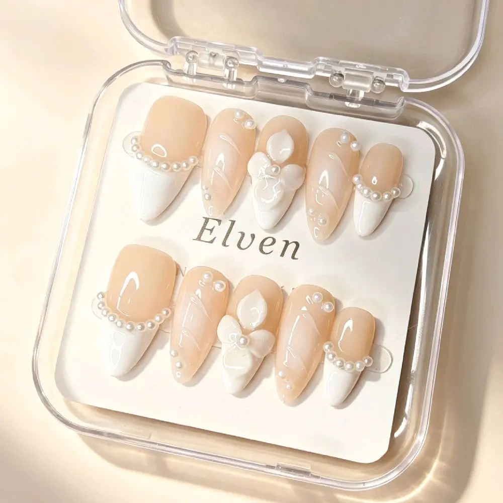 Handmade Nude White Press On Nails - French Tip with 3D Camellia Flower & Pearl Chain, Medium Long Almond Reusable Fake Nails, Salon Quality