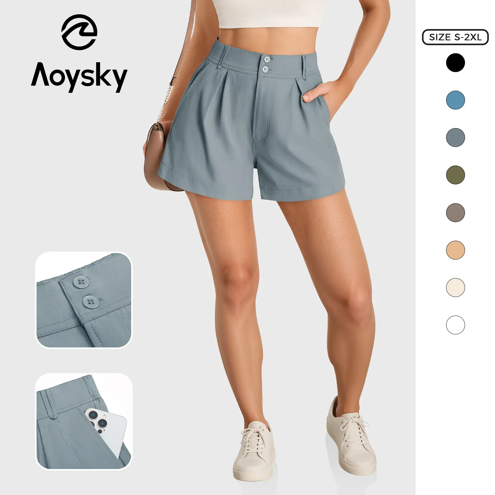 Aoysky Women's High-Waisted Pleated Loose Lounge Shorts - Basic A-Line Athleisure Bottoms with Elastic Waist and Button Detail, Loose Shorts, Solid Shorts