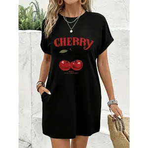 2026 Women's Casual Cherry Print Dress - Lightweight, Breathable, Round Neck, Short Sleeve, Long Dress with Pockets, Elegant and Flowing Style for Spring, Summer, and Autumn, Machine Washable