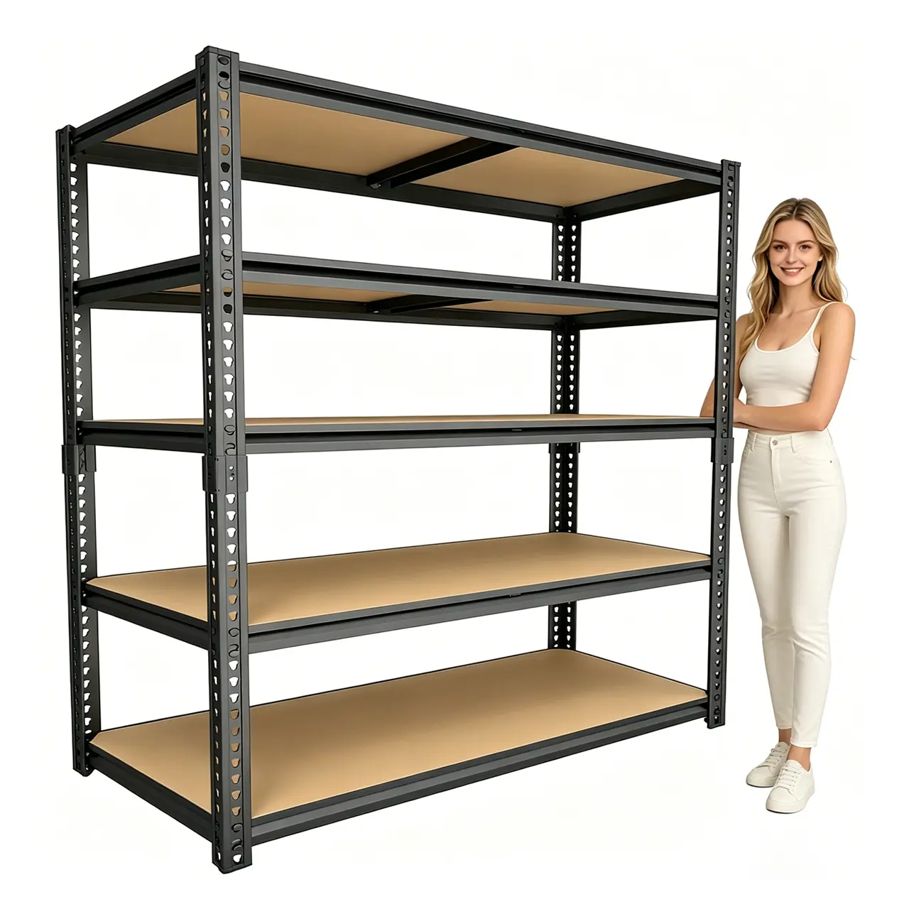 5-tier adjustable metal storage rack/shelf; particle board supports 385 lbs per layer; suitable for garage, basement, warehouse, food storage room, cabinet, kitchen organization, and crafts.