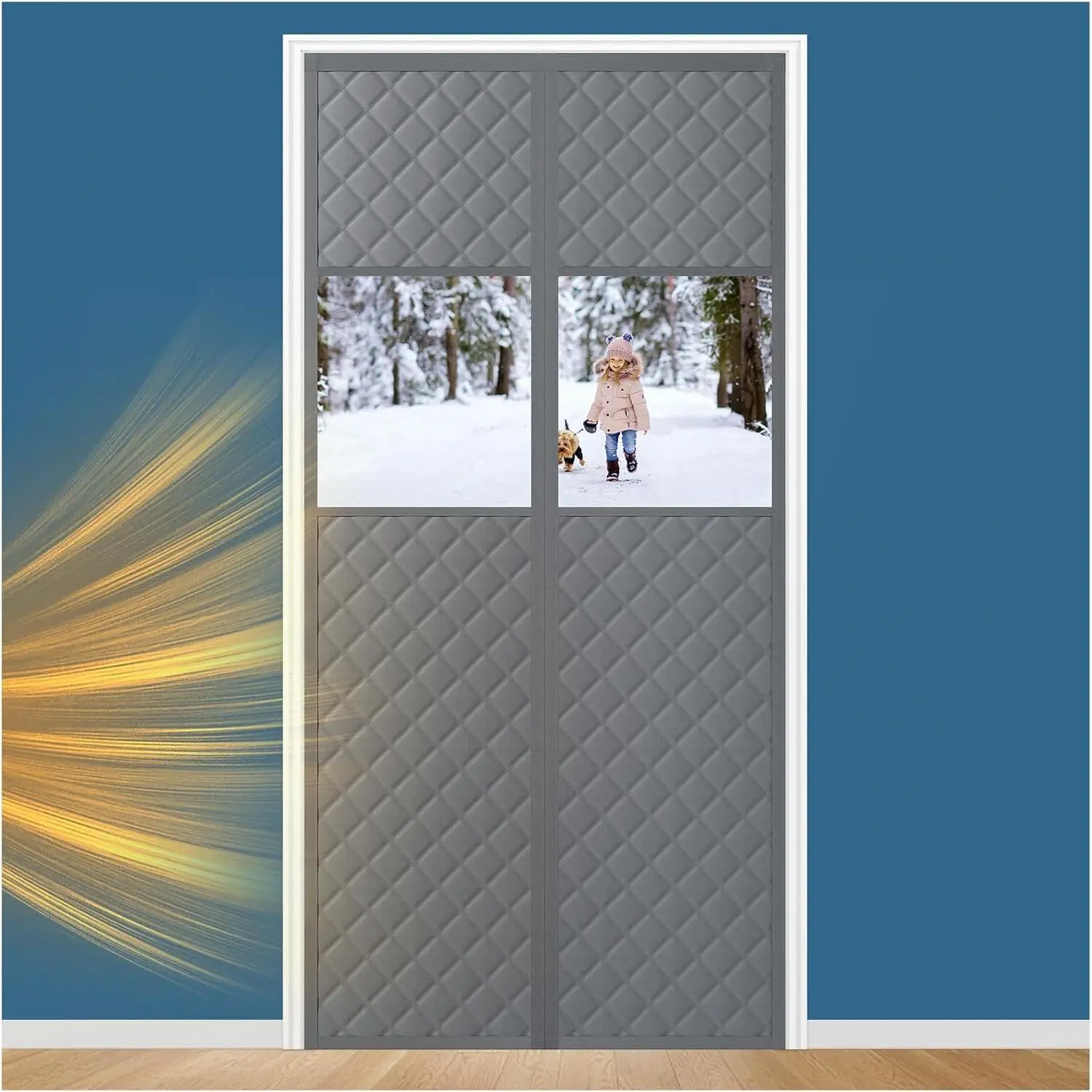 Thermal Insulated Door Curtain Fits Door Size 38" x 83", Oxford Cloth Thicken Cotton Fiber Filled, Self-closing Screen Insulation Cover Keep Warm in Winter, with Clear Windows, Grey