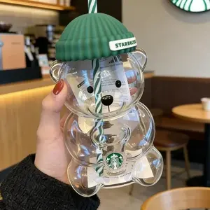 HMZ- 2026 New Bearista Bear Sports Water Bottle 590ml - Aesthetic Kawaii Glass Cup with Beanie Lid - Compatible with Starbucks Cute Bear Cup for Girlfriend Gift - 20oz Sport Water Cup for Picnic - Unique Birthday & Xmas Gift Idea - Reusable Drinkware