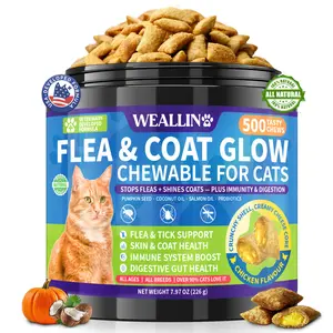WEALLIN Flea & Tick Support Chews for Cats – 500 Crunchy & Creamy Chews, Skin & Coat Health with Salmon Oil, Omega-3s, Pumpkin Seed & Coconut Oil, Natural Flea & Tick Care with Gut & Immunity Support, Chicken Flavor, All Breeds & Ages