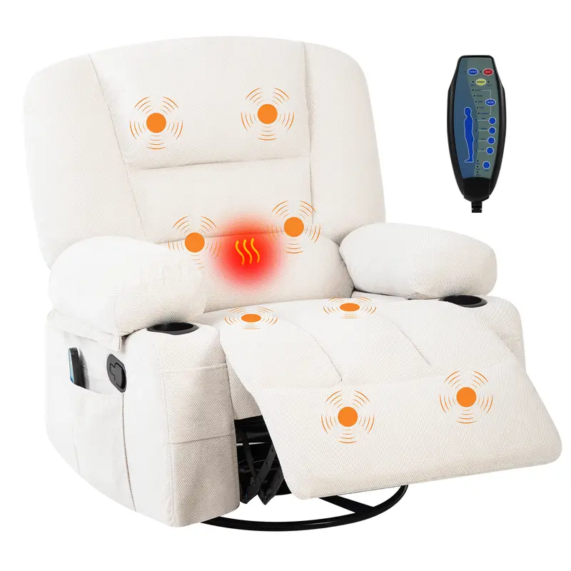 Oversized Adjustable Swivel Recliner Chair - 360° Swivel, Gliding, Swing, Gentle Rocking, 8-Point Massage & Heat, Built-In Cup Holders, Storage Armrests, Side Pocket for Living Room, Bedroom