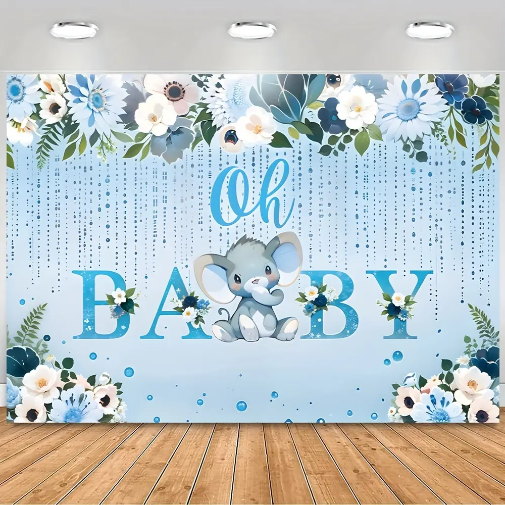 Durable Vinyl Shower Backdrop - Glam Indoor Cute Multi-Size Textile, Blue Glitter Finish, Elephant Motif, Floral Print, Soft Texture, 39.3x59in/100x150cm, Bathroom Wall Decor, Kids' Room Artistic Photo Prop