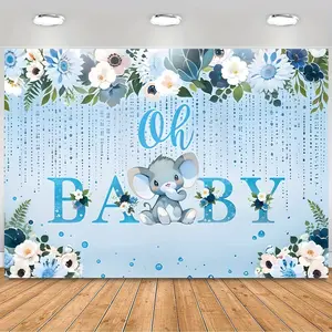 Vinyl Shower Backdrop with Blue Glitter Finish, Elephant & Floral Accents - Kids' Versatile Textile Decor for Artistic Photos, Wall Signs - 2 Sizes Available Flower Ornaments Banner