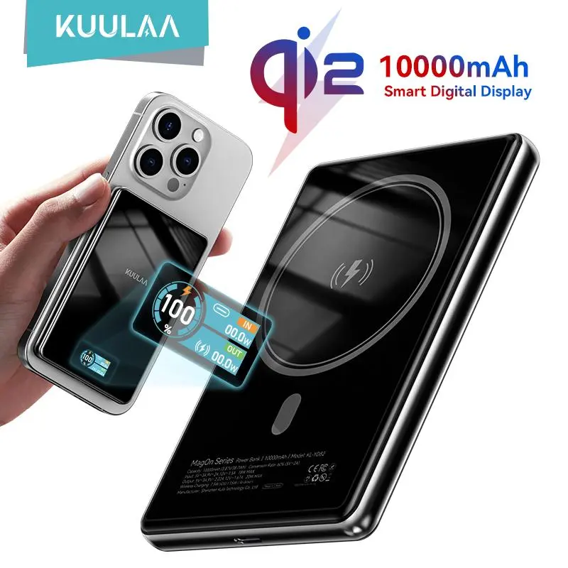 KUULAA 10000mAh Magnetic Power Bank - Ultra-Slim, Pocket-Sized, Fast-Charging, Smart TFT Digital Display, Premium Glass, USB-C Rechargeable, MagSafe Snap-On EDC Gear, Aesthetic Tech for iPhone (Black), Emergency Power, Everyday Carry Travel Battery Pack