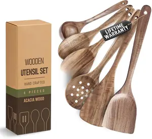Acacia Wood 6-Piece Wooden Spoons for Cooking, Ergonomic Comfort Grip, Heat Resistant, Eco-Friendly Utensil Set for Nonstick Pans & Cookware, Lightweight & Durable, Gift Set Kitchen Aesthetic