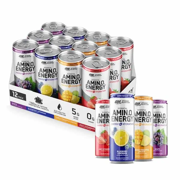 Optimum Nutrition Amino Energy Sparkling Hydration Drink, Electrolytes, Caffeine, Amino Acids, BCAAs, Sugar Free, 12 Fl Oz, Variety Pack of 12 (Packaging May Vary)