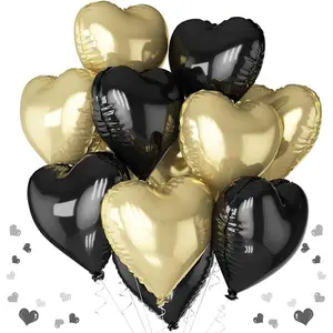 Black gold aluminum foil heart-shaped balloons, 18 inch 10 pack heart-shaped balloons with two accessories, suitable for occasions such as birthdays, graduation ceremonies, Valentine's Day, baby parties, anniversaries, etc.
