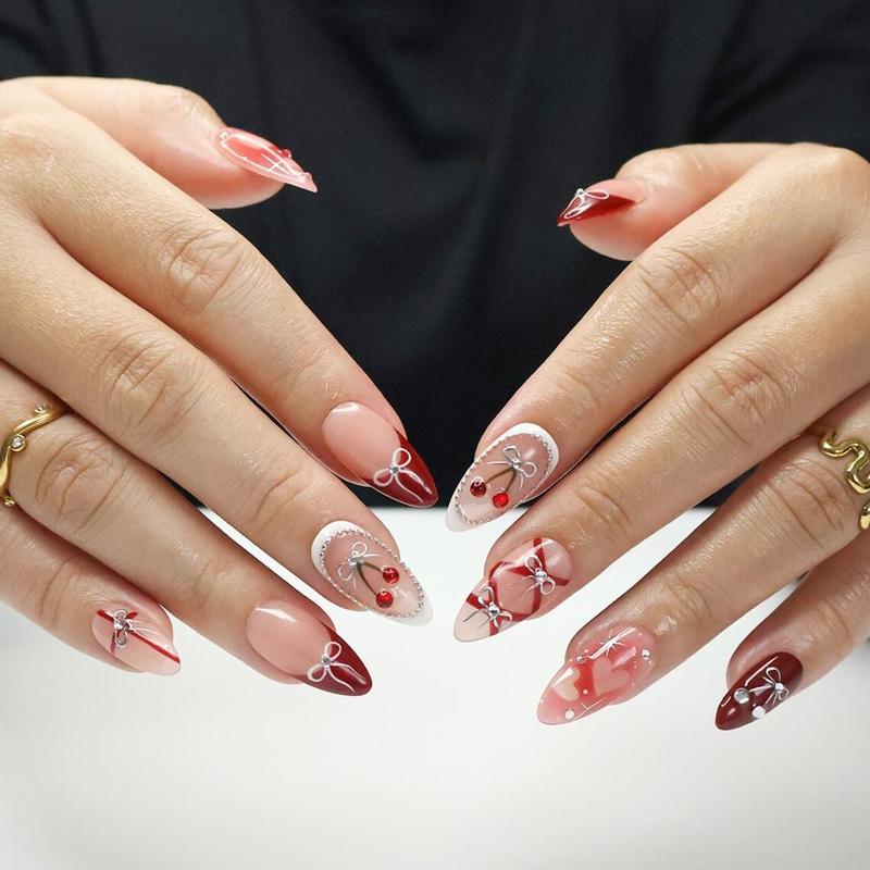 Press On Nails Cherry Charm with Silver Bows, 3D Pearl & Heart Nail Art in Medium Almond, Handmade Elegant Nail Art for Holiday, Birthday