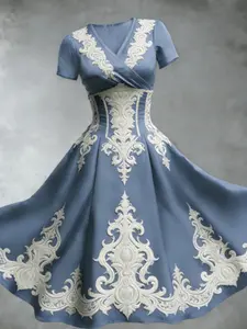 Vintage Gothic Waist-Tie Dress, Elegant Short Sleeve V-Neck Design, Perfect for Parties & Daily Wear, Ideal for Photo Shoots & Dating