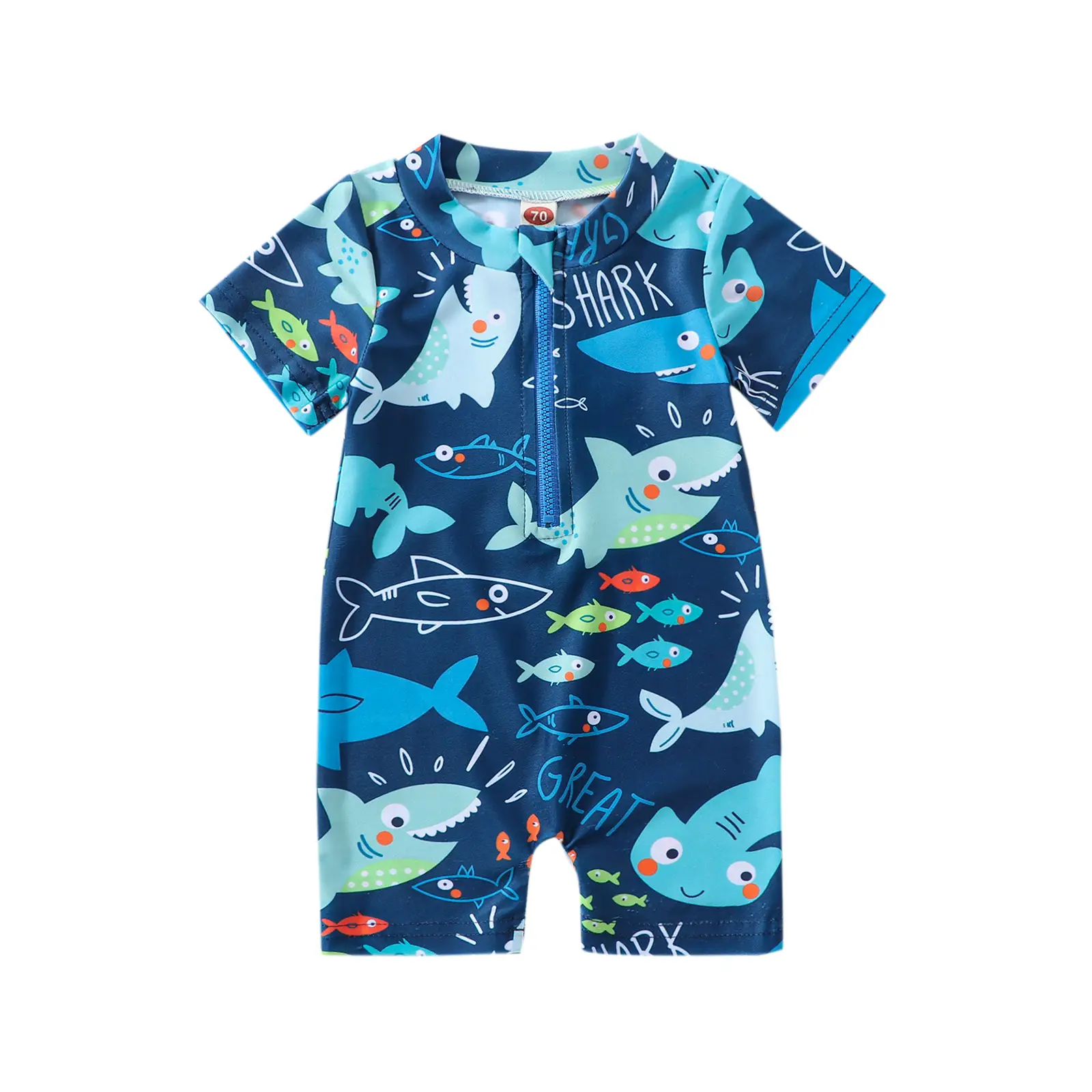 Toddler Baby Boy Shark Print Bathing Suit Half Zip Up Romper Short Sleeve Summer Rashguard Swimsuit