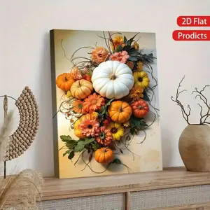 2D Flat 1 Piece, Home Decoration Solid Wood Frame Art Canvas Poster Autumn Harvest Pumpkin And Flower Centerpiece Decoration, Suitable Holiday Party Indoor, Outdoor, Office, Bedroom Or Cafe Wall Decoration, Waterproof, Can Be Hanged Directly, Home