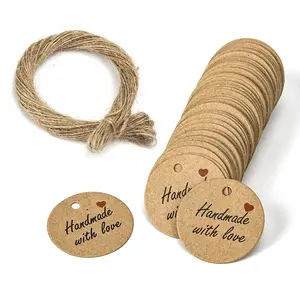 Round Kraft Paper Gift Tag with Hemp Rope, 100pcs Handmade Gift Packaging Hang Paper, Baking Printed Tag, Gift Wrapping Supplies, Wedding Party Decorations