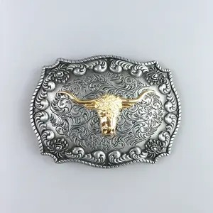 Antique Silver Gold Double Color Western Long Horn Bull Belt Buckle Detailed Accessory