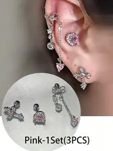 3 Styles Piercing Earring Set - Punk Spike, Pink CZ & Blue CZ Cartilage Studs & Huggie Hoops, Stainless Steel Screw Back Jewelry for Women Men