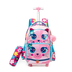 Cute Cat Rolling Backpack Set for Girls | Floral Lunch Bag + Pencil Case | Back to School Kitty Essentials kid box