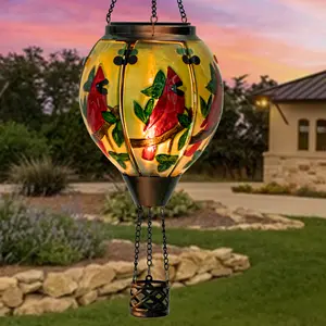 Livfineseason Hot Air Balloon Solar Lantern Flickering Flame Hanging Garden Lights, Glass Outdoor Waterproof Flame Effect Hot Air Balloon Hanging Lantern Gifts for Mom Balcony Yard Party Decorations