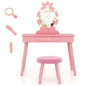COSTWAY - Kids Vanity Set with Lighted Mirror with Adjustable Brightness and Large Drawer-Pink