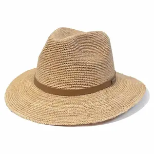 Sforza Crocheted Raffia Safari Fedora - 100% Raffia Straw, Packable & Crushable, Adjustable Size, 2.5" Brim, 4.5" Crown, Unisex Hat for Casual & Outdoor Use